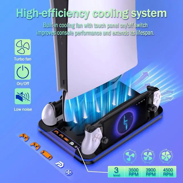 Alt view image 3 of 7 - PS5/PS5 Slim/PS5 Pro RGB Cooling Station with PlayStation Portal Charging Dock, Supports DualSense Edge Controller Charging, Vertical Stand with Cooling Fan & Game Storage Organizer (