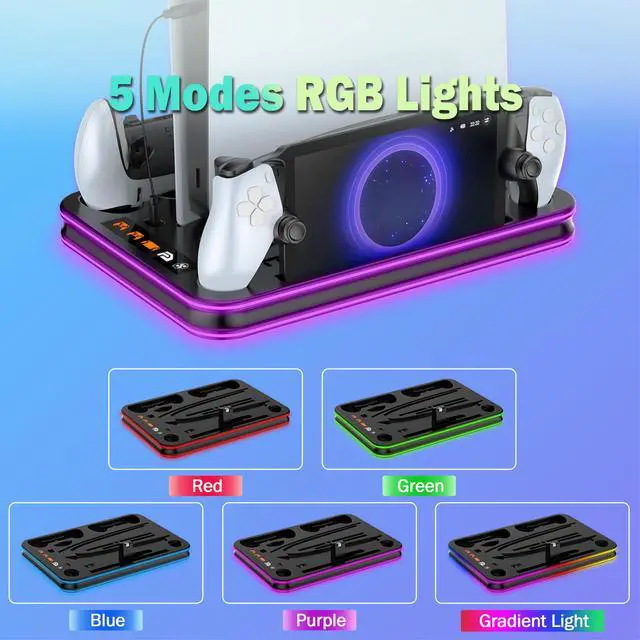 Alt view image 4 of 7 - PS5/PS5 Slim/PS5 Pro RGB Cooling Station with PlayStation Portal Charging Dock, Supports DualSense Edge Controller Charging, Vertical Stand with Cooling Fan & Game Storage Organizer (
