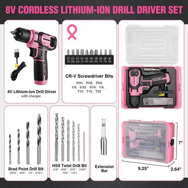 Alt view image 4 of 7 - Pink Power Drill Bit Set for Women, 8V Electric Drill Driver Set