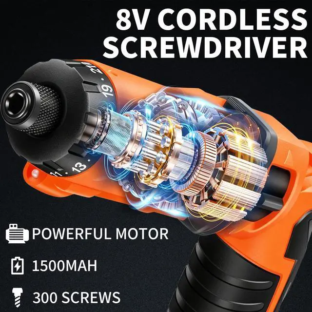 Alt view image 2 of 7 - Cordless Screwdriver, 8V Max 10Nm Electric Screwdriver Rechargeable Set with 82 Accessory Kit and Charger in Carrying Case, 21+1 Cluth, Dual Position Handle, LED Light, ET-CS-8