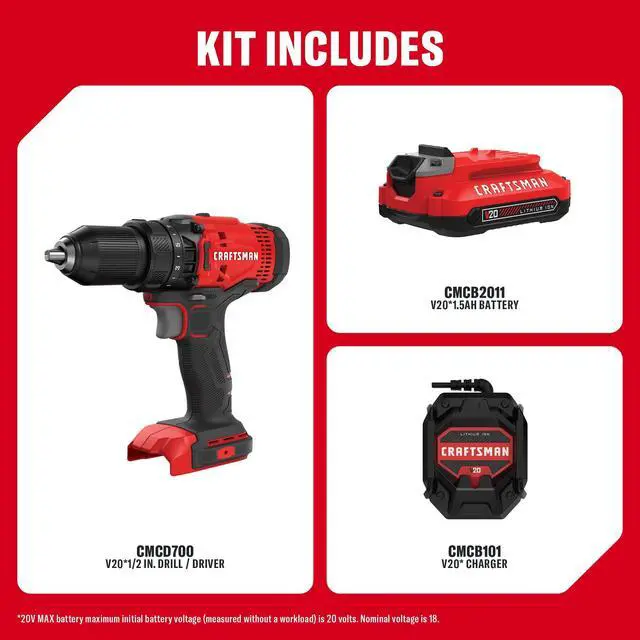 Alt view image 3 of 7 - V20 Cordless Drill/Driver Kit, 1/2 inch, Battery and Charger Included (CMCD700C1)