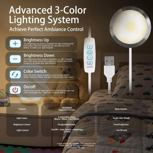 Alt view image 2 of 6 - 10PCS LED Lamp Kit 001 for Bambu Lab Light Kit MH001, 3 Color Temperature, Power Outage Color Storage, Dimming, 5V USB Puck Light Set DIY Hardware Spare Parts for Makerwold 3D Printed Lamp Projects