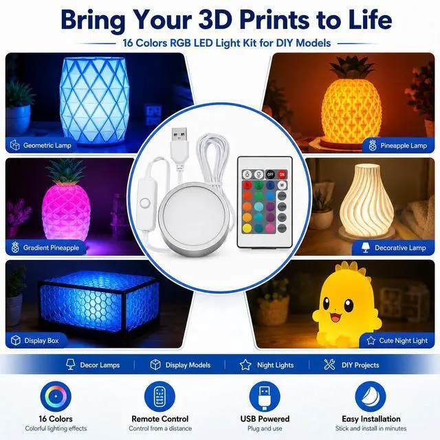 Alt view image 3 of 7 - Remote Control RGB LED Lamp Kit for Bambu Lab 3D Printer Accessories-3D Printer DIY Multicolor Light Includes Button Battery Makerworld Hardware Model Spare Parts 5V USB Powered (1pcs)
