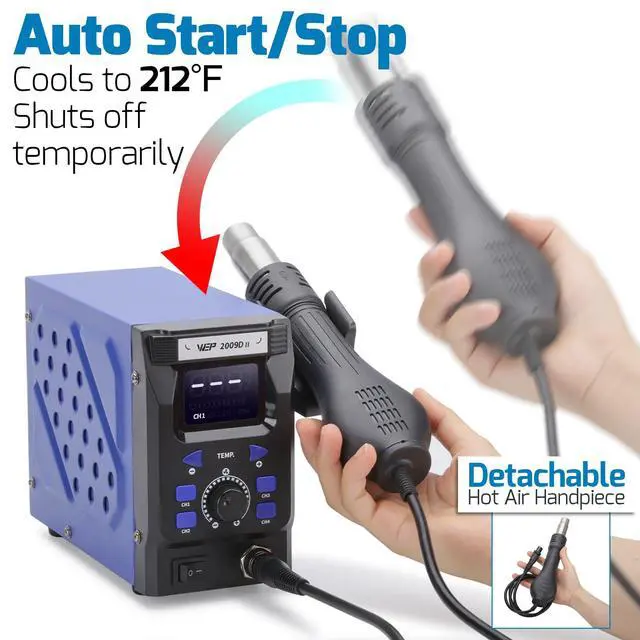 Alt view image 6 of 7 - 2009D-II Hot Air Soldering Station, Hot Air Rework Station with Detachable Soldering Heat Gun, 4 Preset Channels, Digital LED Display, Adjustable Temperature 212-896°F, PID Temp Stabilization