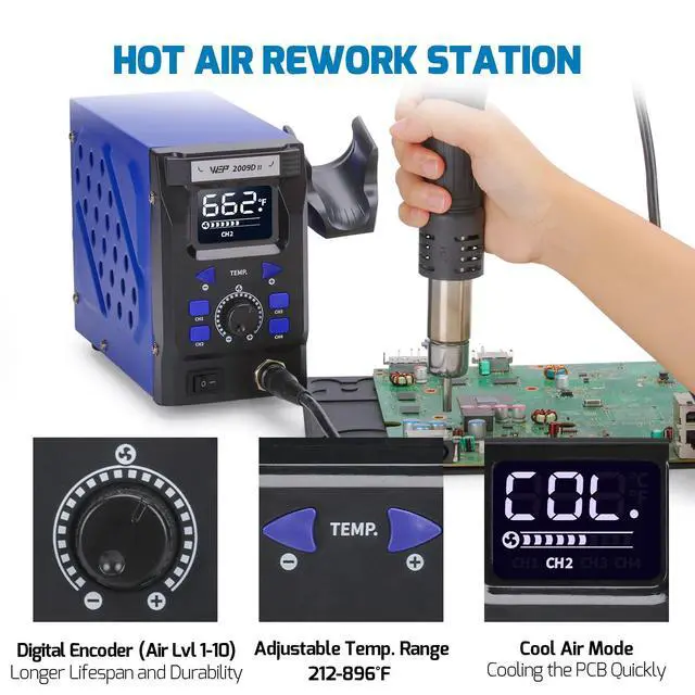 Alt view image 7 of 7 - 2009D-II Hot Air Soldering Station, Hot Air Rework Station with Detachable Soldering Heat Gun, 4 Preset Channels, Digital LED Display, Adjustable Temperature 212-896°F, PID Temp Stabilization
