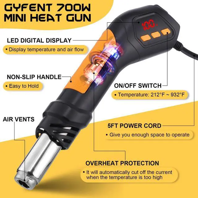Alt view image 4 of 7 - Heat Gun, 700W 212°F~932(100°C~500°C) Mini Soldering Heat Gun Hot Air Rework Station with LED Digital Display & 5Pcs Nozzles & 5Pcs Accessories for Crafting Shrink Tubing Electronics DIY(5FT)