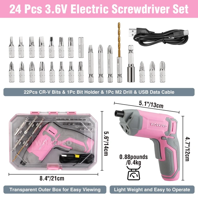 Alt view image 2 of 7 - Pink Cordless Screwdriver Set, Rechargeable Eccentric Screwdriver | 3.6V Screwdriver Kit Set with 24Pcs Bits, Delay-off LED Light, 2000mAh High-Capacity Battery, Carrying Case Included