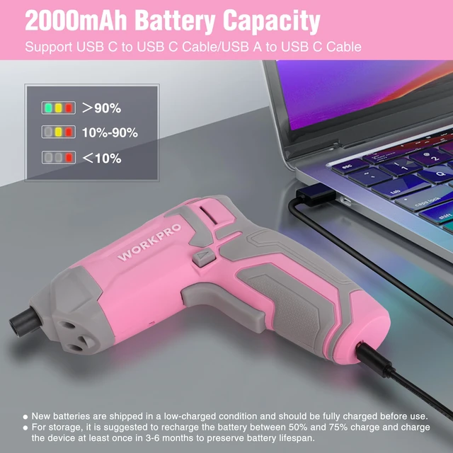Alt view image 7 of 7 - Pink Cordless Screwdriver Set, Rechargeable Eccentric Screwdriver | 3.6V Screwdriver Kit Set with 24Pcs Bits, Delay-off LED Light, 2000mAh High-Capacity Battery, Carrying Case Included