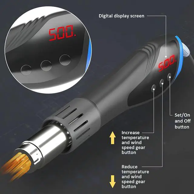 Alt view image 4 of 6 - Heat Gun,600W Fast Heat Mini Hot Air Gun with Reflector Nozzles Portable LCD Digital Temperature Display Heatgun for Soldering DIY Crafting Embossing,Vinyl Wrap,Shrink Tubing,Embossing Tool
