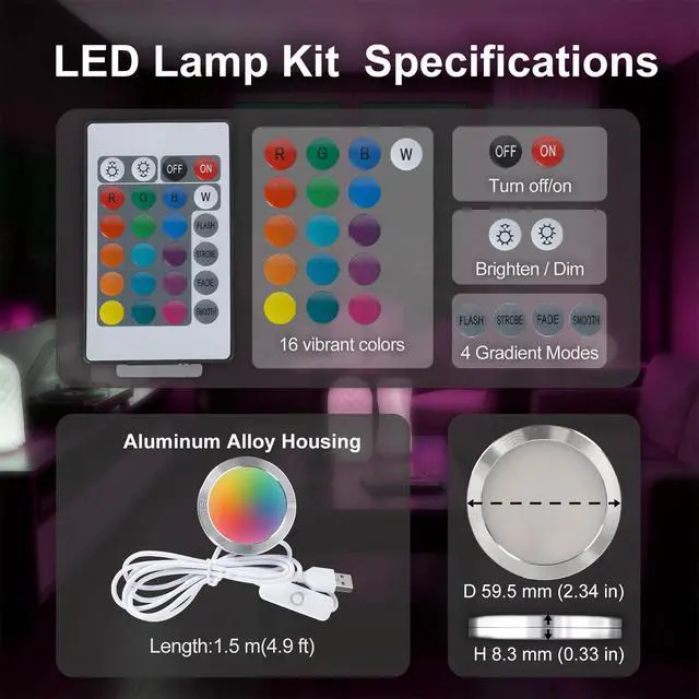 Alt view image 5 of 7 - 3PCS Remote Control RGB LED Lamp Kit 001 for Bambu Lab H2D/X1/P1P/A1 Multicolor RGB Includes Button Battery Makerworld for Anycubic Makeronline 3D Printer light DIY Hardware Model Parts USB
