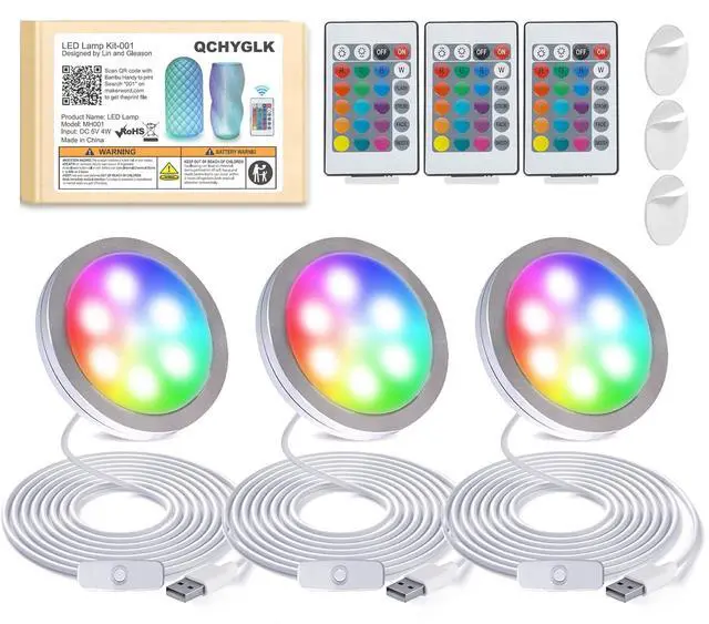 Main image of Remote Control RGB LED Lamp Kit for Bambu Lab LED Light Kit & MH001 Projects,5V USB Powered,16-Colors with Power Failure Memory, 3D Printer light Projects for MakerWorld DIY Community (3-Pack)