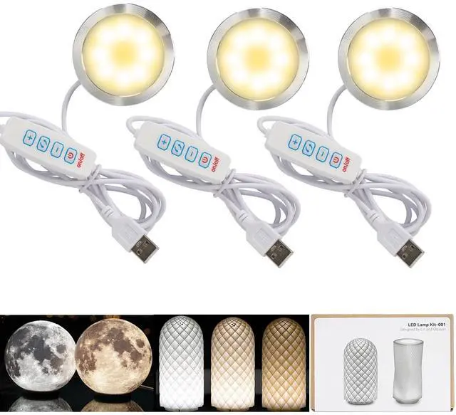 Main image of 3PCS LED Lamp Kit 001 for Bambu Lab Light Kit MH001, 3 Color Temperature, Power Outage Color Storage, Dimming, 5V USB Puck Light Set DIY Hardware Spare Parts for Makerwold 3D Printed Lamp Projects