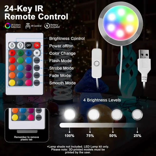 Alt view image 3 of 7 - 3Pack Remote Control RGB LED Lamp Kit 001 Compatible with Bambu Lab H2D/X1/P1P/A1 3D Printer Multicolor Dimming 5V USB LED Light Kit DIY Hardware Model Parts for Makerwold 3D Printed Light Projects