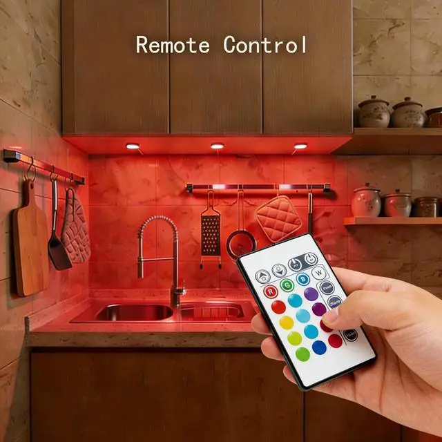 Alt view image 2 of 6 - RGB Under Cabinet Lighting, Wireless Remote Control, 16-Color Plug in Puck Lights, Dimmable LED Cabinet Light Kit for Kitchen, Bookshelf, Counter, 4 Pack