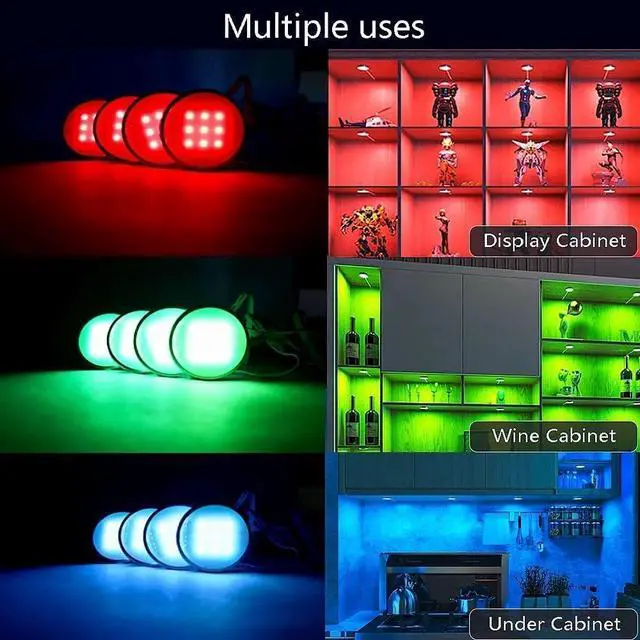 Alt view image 3 of 6 - RGB Under Cabinet Lighting, Wireless Remote Control, 16-Color Plug in Puck Lights, Dimmable LED Cabinet Light Kit for Kitchen, Bookshelf, Counter, 4 Pack