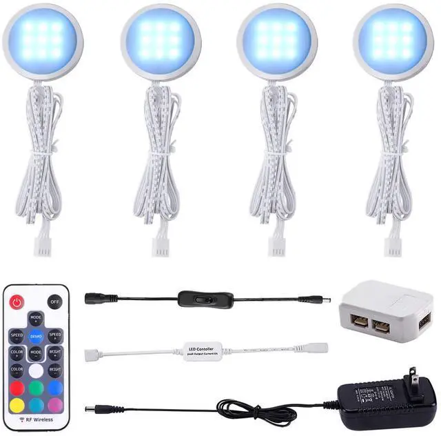 Main image of RGB Color Changing LED Under Cabinet Lights Kit, Aluminum Slim Multi Color Puck Lights for Kitchen Counter Furniture Holiday Ambiance Christmas Decor Lighting (4 Lights)