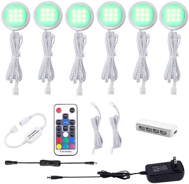 Main image of RGB Color Changing LED Under Cabinet Lights Kit Aluminum Slim Puck Lamps for Kitchen Counter Wardrobe Counter Furniture Ambiance Christmas Decor Lighting (6 Lights)