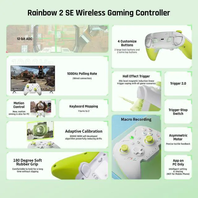 Alt view image 2 of 7 - BIGBIG WON PC Controllers for Gaming, Rainbow 2 SE Wireless Controller Motion Aim, Hall Effect Trigger, 12-bit ADC, 3 Sets Joysticks, 4-way&8-way D-pad Controller for Switch/PC/Android/iOS