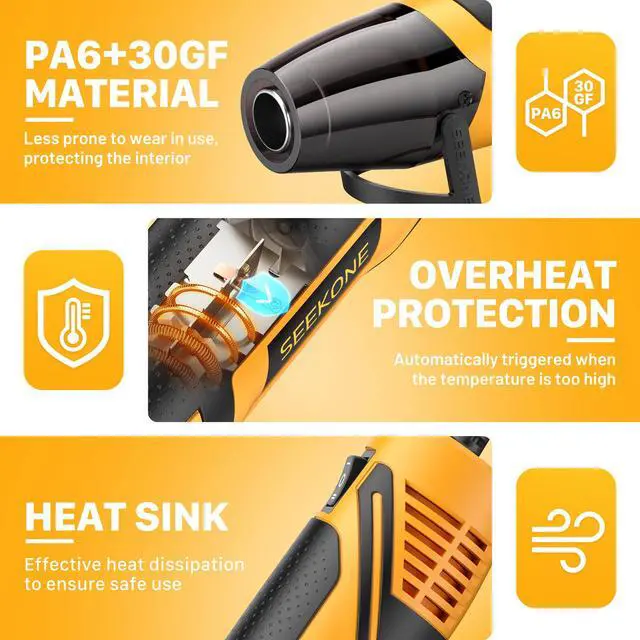 Alt view image 6 of 7 - 350W Mini Heat Gun with 2-Temp Settings 842 & 500 | Heat Up to 842, PA6+30GF Material, Lightweight 380g, Overheat Protection with a Reflector Nozzle for Crafting Shrink Tubing