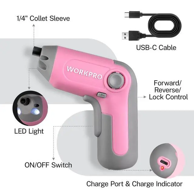 Alt view image 3 of 7 - Electric Cordless Screwdriver with Offset Driving Shaft, 3.6V Automatic Rechargeable Screw Driver with 22PCS Bits, Battery Powered Automatic Screw Gun with LED Light & Carry Case - Pink Ribbon