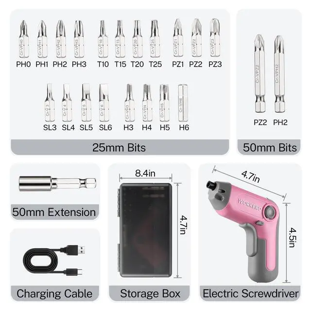 Alt view image 2 of 7 - Electric Cordless Screwdriver with Offset Driving Shaft, 3.6V Automatic Rechargeable Screw Driver with 22PCS Bits, Battery Powered Automatic Screw Gun with LED Light & Carry Case - Pink Ribbon