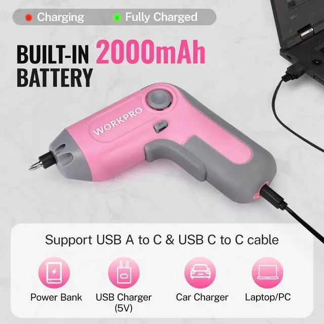 Alt view image 6 of 7 - Electric Cordless Screwdriver with Offset Driving Shaft, 3.6V Automatic Rechargeable Screw Driver with 22PCS Bits, Battery Powered Automatic Screw Gun with LED Light & Carry Case - Pink Ribbon
