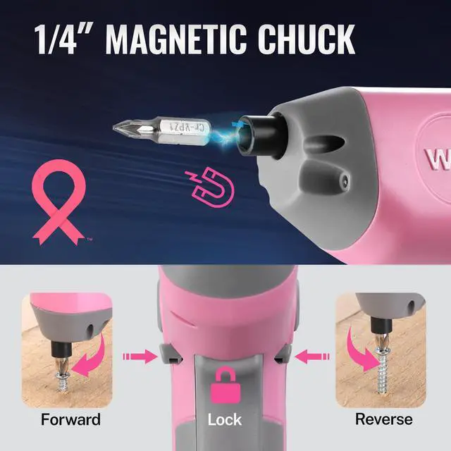 Alt view image 7 of 7 - Electric Cordless Screwdriver with Offset Driving Shaft, 3.6V Automatic Rechargeable Screw Driver with 22PCS Bits, Battery Powered Automatic Screw Gun with LED Light & Carry Case - Pink Ribbon