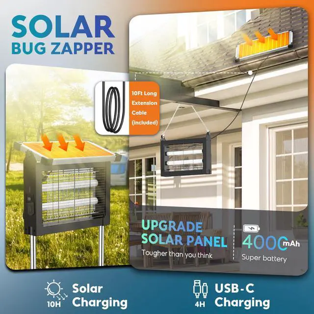Alt view image 2 of 7 - Solar Bug Zapper Outdoor, PhatroyYee Mosquito Zapper 4500V, Waterproof Portable Fly Zapper, Rechargeable Electric Mosquito Killer, Cordless Fly Insect Mosquitos Trap for Patio Yard Home Garden Camping