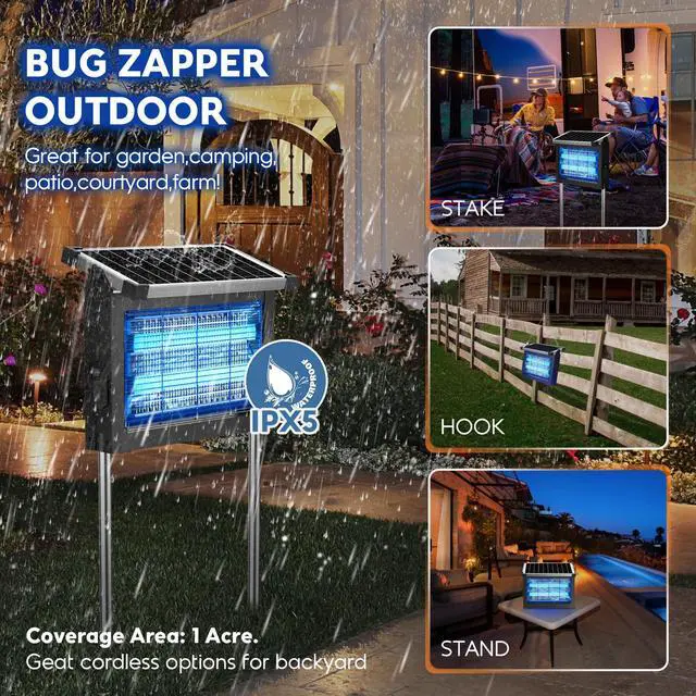 Alt view image 5 of 7 - Solar Bug Zapper Outdoor, PhatroyYee Mosquito Zapper 4500V, Waterproof Portable Fly Zapper, Rechargeable Electric Mosquito Killer, Cordless Fly Insect Mosquitos Trap for Patio Yard Home Garden Camping