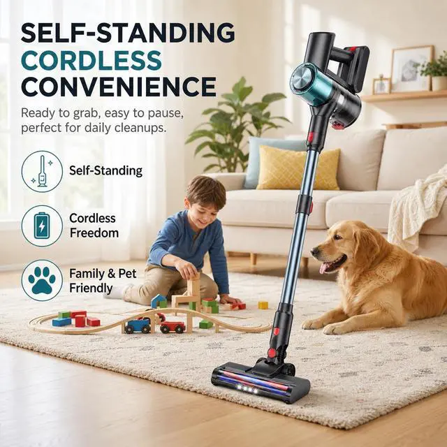 Alt view image 3 of 7 - Cordless Vacuum Cleaner, Stick Vacuum for Pet Hair & Hardwood Floor, Self-Standing Rechargeable Vacuum with Smart LED Display, Lightweight Battery Powered Vacuum for Home, Dorm, & Dog Hair-Aqua