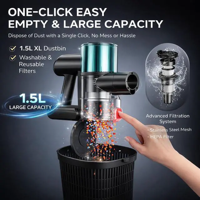 Alt view image 5 of 7 - Cordless Vacuum Cleaner, Stick Vacuum for Pet Hair & Hardwood Floor, Self-Standing Rechargeable Vacuum with Smart LED Display, Lightweight Battery Powered Vacuum for Home, Dorm, & Dog Hair-Aqua