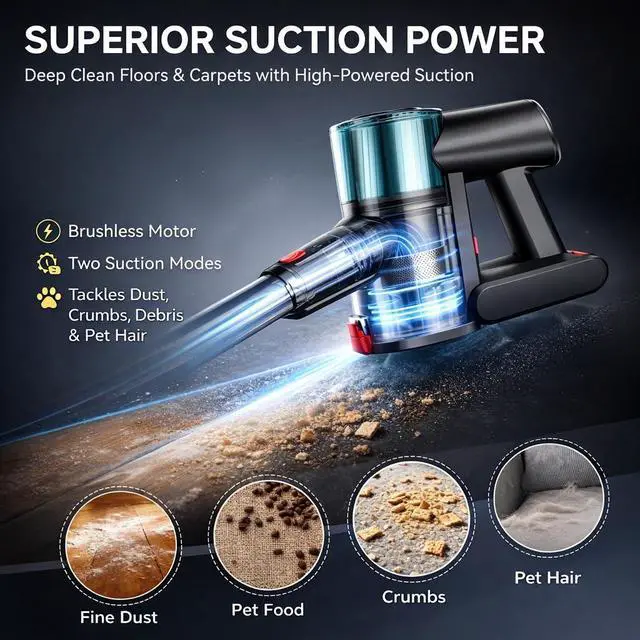 Alt view image 6 of 7 - Cordless Vacuum Cleaner, Stick Vacuum for Pet Hair & Hardwood Floor, Self-Standing Rechargeable Vacuum with Smart LED Display, Lightweight Battery Powered Vacuum for Home, Dorm, & Dog Hair-Aqua