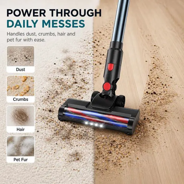 Alt view image 7 of 7 - Cordless Vacuum Cleaner, Stick Vacuum for Pet Hair & Hardwood Floor, Self-Standing Rechargeable Vacuum with Smart LED Display, Lightweight Battery Powered Vacuum for Home, Dorm, & Dog Hair-Aqua