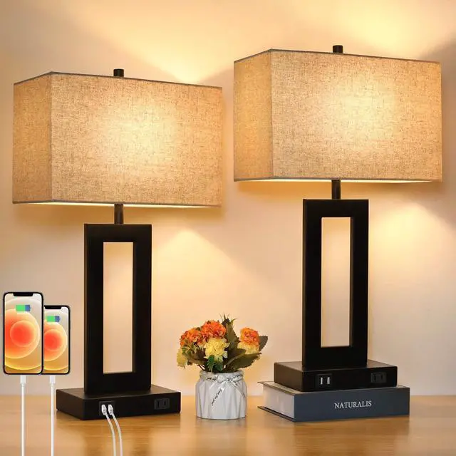 Main image of Set of 2 Touch Control Table Lamp with 2 USB Ports, 3-Way Dimmable Modern Nightstand Lamp Sets Bedside Touch Desk Lamp with Fabric Cream Shade For Bedroom Table Living Room Reading, Included Bulbs