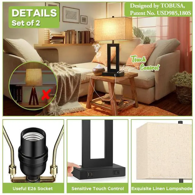 Alt view image 6 of 7 - Set of 2 Touch Control Table Lamp with 2 USB Ports, 3-Way Dimmable Modern Nightstand Lamp Sets Bedside Touch Desk Lamp with Fabric Cream Shade For Bedroom Table Living Room Reading, Included Bulbs