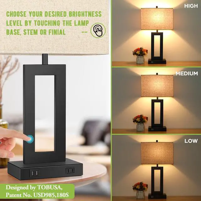 Alt view image 7 of 7 - Set of 2 Touch Control Table Lamp with 2 USB Ports, 3-Way Dimmable Modern Nightstand Lamp Sets Bedside Touch Desk Lamp with Fabric Cream Shade For Bedroom Table Living Room Reading, Included Bulbs