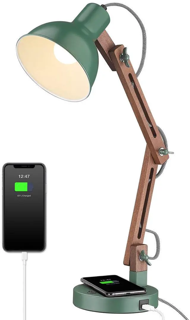 Main image of LED Desk Lamp with Wireless Charger, Sapele Wood Reading Light with USB C Charging Port, Swing Arm Table Lamp for Home Office, College Dorm, Bedroom Living Room, Bulb Included, Vintage Green