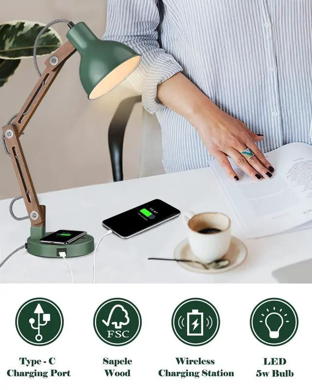 Alt view image 2 of 7 - LED Desk Lamp with Wireless Charger, Sapele Wood Reading Light with USB C Charging Port, Swing Arm Table Lamp for Home Office, College Dorm, Bedroom Living Room, Bulb Included, Vintage Green