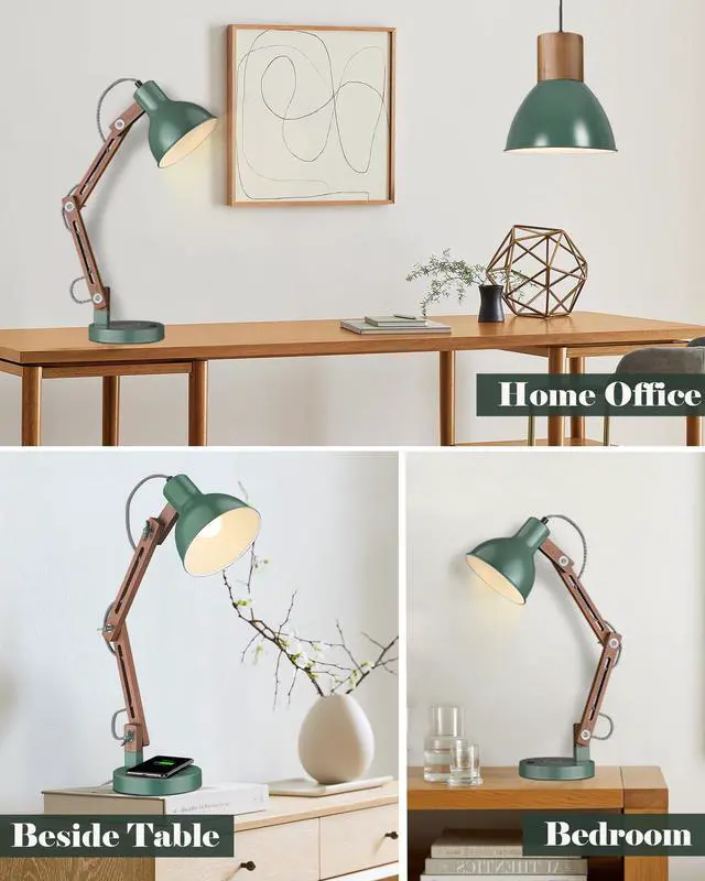 Alt view image 3 of 7 - LED Desk Lamp with Wireless Charger, Sapele Wood Reading Light with USB C Charging Port, Swing Arm Table Lamp for Home Office, College Dorm, Bedroom Living Room, Bulb Included, Vintage Green