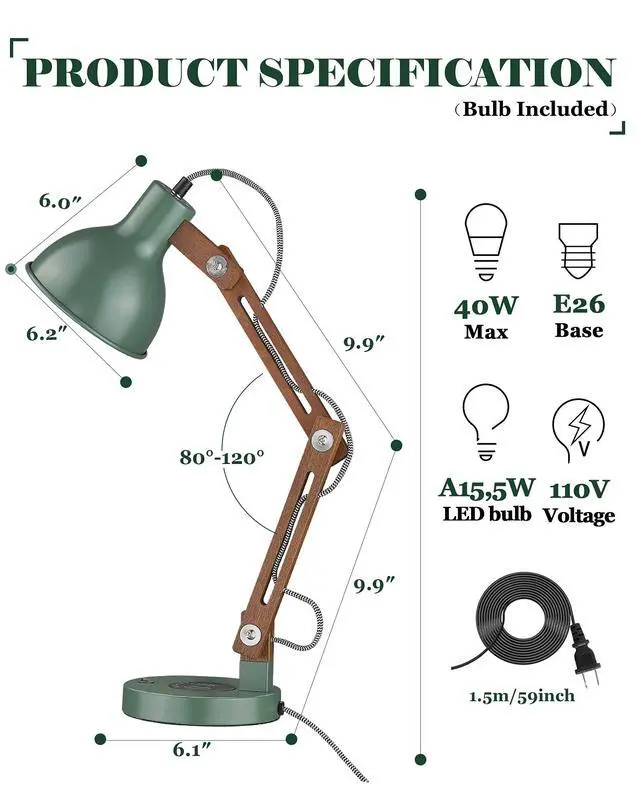 Alt view image 6 of 7 - LED Desk Lamp with Wireless Charger, Sapele Wood Reading Light with USB C Charging Port, Swing Arm Table Lamp for Home Office, College Dorm, Bedroom Living Room, Bulb Included, Vintage Green