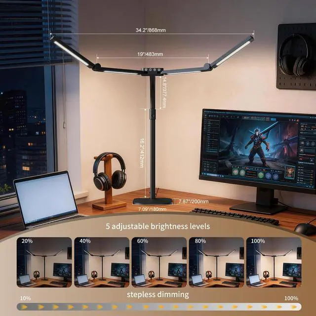 Alt view image 5 of 6 - Omorepa 4 Light Bar Design Goose-Neck Desk Lamp with Base,24W Bright Led Tall Overhead Desk Light for Home Office,Eye Care Reading Table Light for Desktop Working,Drafting,Reading