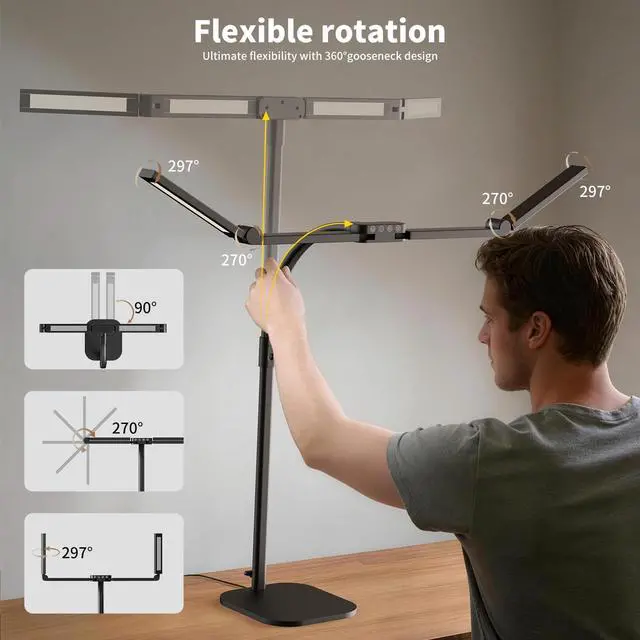 Alt view image 4 of 6 - Omorepa 4 Light Bar Design Goose-Neck Desk Lamp with Base,24W Bright Led Tall Overhead Desk Light for Home Office,Eye Care Reading Table Light for Desktop Working,Drafting,Reading
