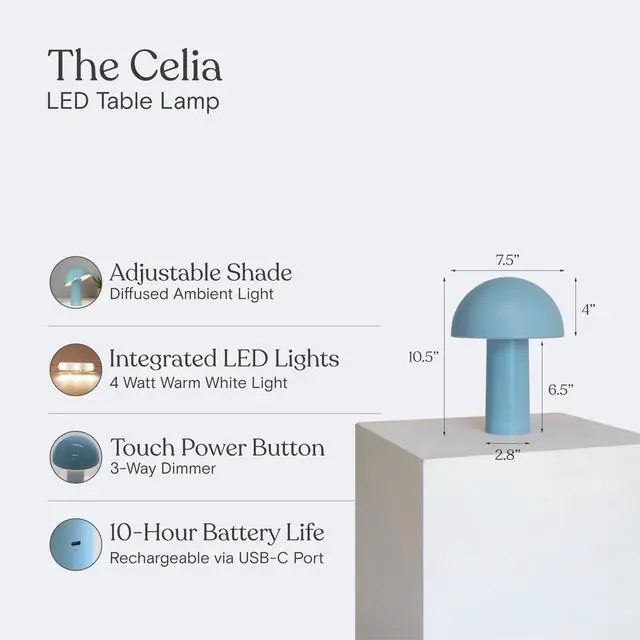 Alt view image 3 of 7 - Celia Small Lamp 10" Touch-Controlled Mushroom Table Lamp, Cordless & Dimmable LED, Portable & Rechargeable Bedside Night Light, Sustainable Recycled Modern Lamp for Home Décor, Light Blue