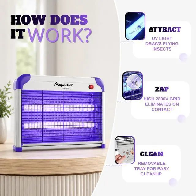 Alt view image 4 of 7 - 20W Heavy Duty Bug Zapper, High-Voltage Electric Mosquito and Fly Killer, Indoor and Covered Outdoor Gnat Control for Bedroom, Patio and Greenhouse, Includes 2 Bulbs - Purple