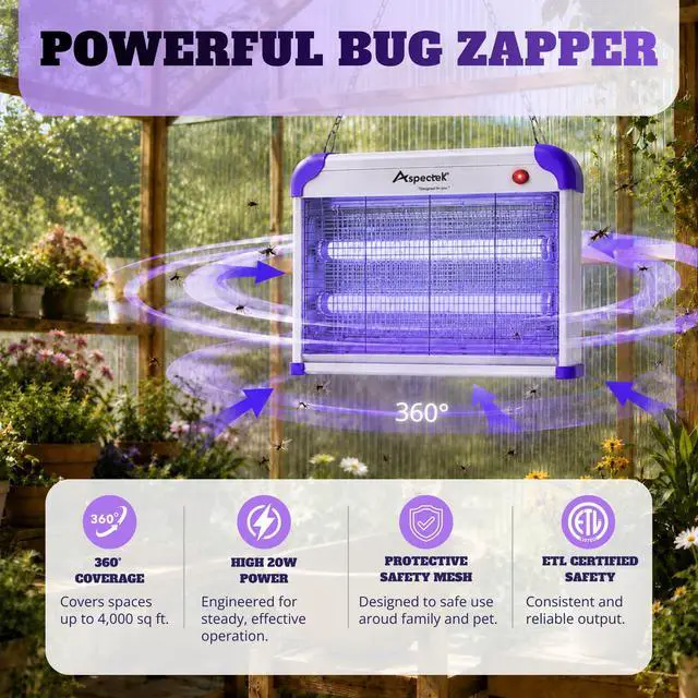 Alt view image 5 of 7 - 20W Heavy Duty Bug Zapper, High-Voltage Electric Mosquito and Fly Killer, Indoor and Covered Outdoor Gnat Control for Bedroom, Patio and Greenhouse, Includes 2 Bulbs - Purple