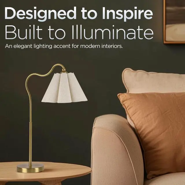 Alt view image 3 of 7 - Modern Table Lamps, Nightstand Bedside Lamps with Umbrella Form Linen Lampshade, Gold Metal Base Desk Lamp for Living Room Bedroom, Bulb Not Included