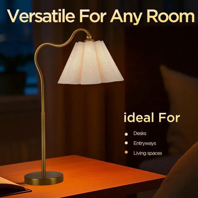 Alt view image 6 of 7 - Modern Table Lamps, Nightstand Bedside Lamps with Umbrella Form Linen Lampshade, Gold Metal Base Desk Lamp for Living Room Bedroom, Bulb Not Included