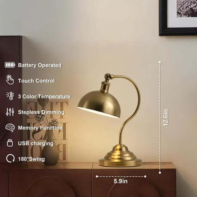 Alt view image 2 of 7 - Cordless LED Table Lamp, Battery Operated Desk Lamps with Swing Arm & Plastic Shade, Vintage Small Rechargeable Dimmable Light for Bedroom, Living Room, Nightstand, Brass