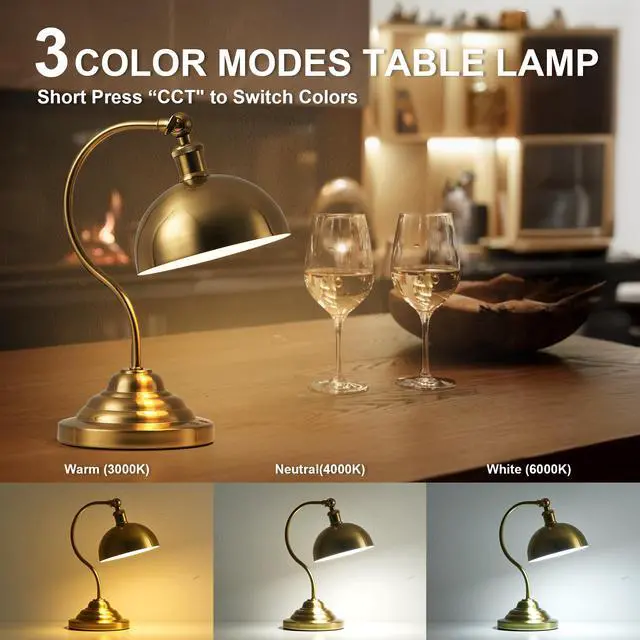 Alt view image 3 of 7 - Cordless LED Table Lamp, Battery Operated Desk Lamps with Swing Arm & Plastic Shade, Vintage Small Rechargeable Dimmable Light for Bedroom, Living Room, Nightstand, Brass
