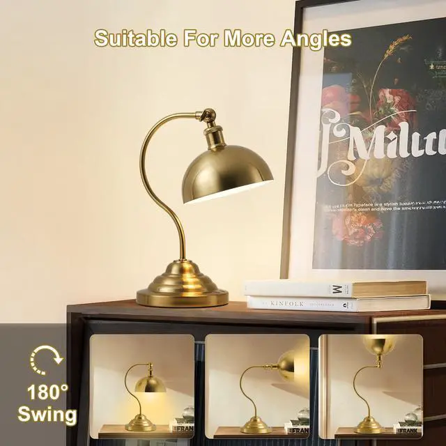 Alt view image 5 of 7 - Cordless LED Table Lamp, Battery Operated Desk Lamps with Swing Arm & Plastic Shade, Vintage Small Rechargeable Dimmable Light for Bedroom, Living Room, Nightstand, Brass